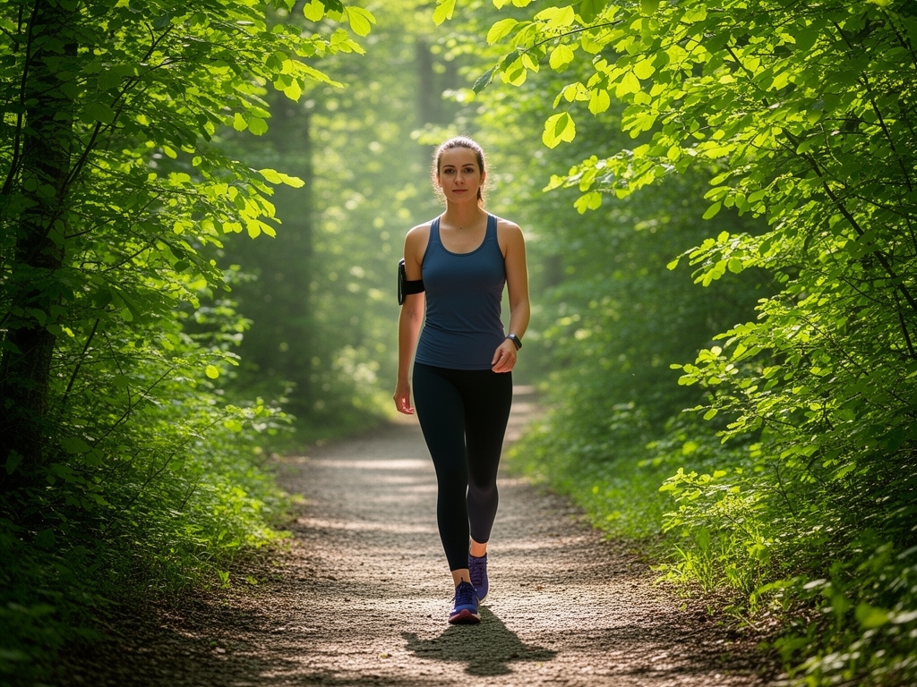 Mirna šumska staza u jutarnjoj svetlosti sa osobom koja šeta okružena zelenim lišćem, simbolizujući prirodnu vitalnost i aktivan životni stil