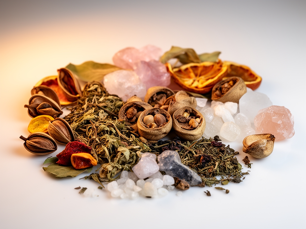 Pažljivo složeni prirodni sastojci – kapsule, suve biljke, voće i minerali na beloj površini u estetskom, studijskom aranžmanu sa toplim svetlom